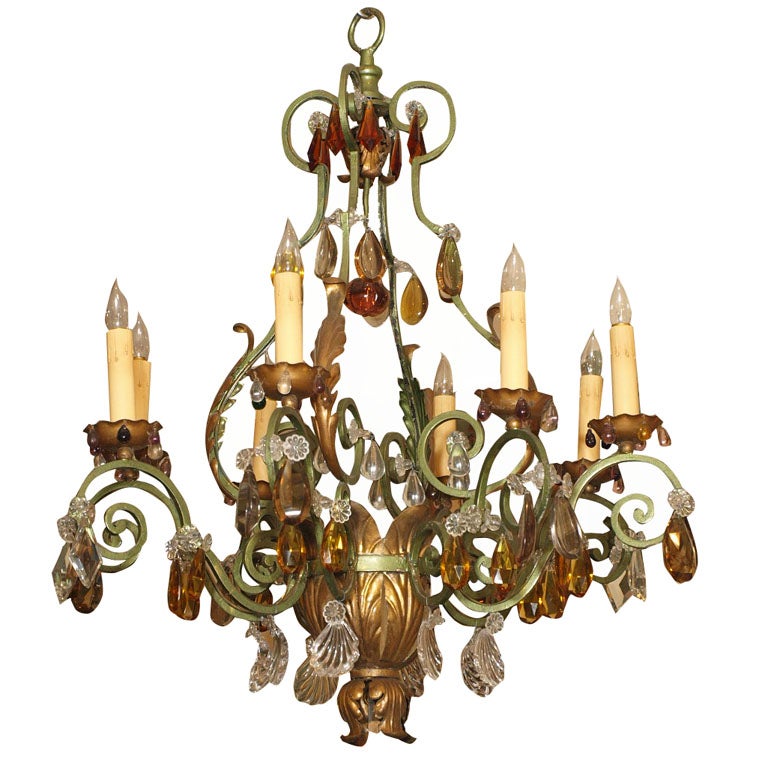 French Painted Iron, Tole, and Baccarat Crystal Chandelier