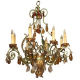French Painted Iron, Tole, and Baccarat Crystal Chandelier