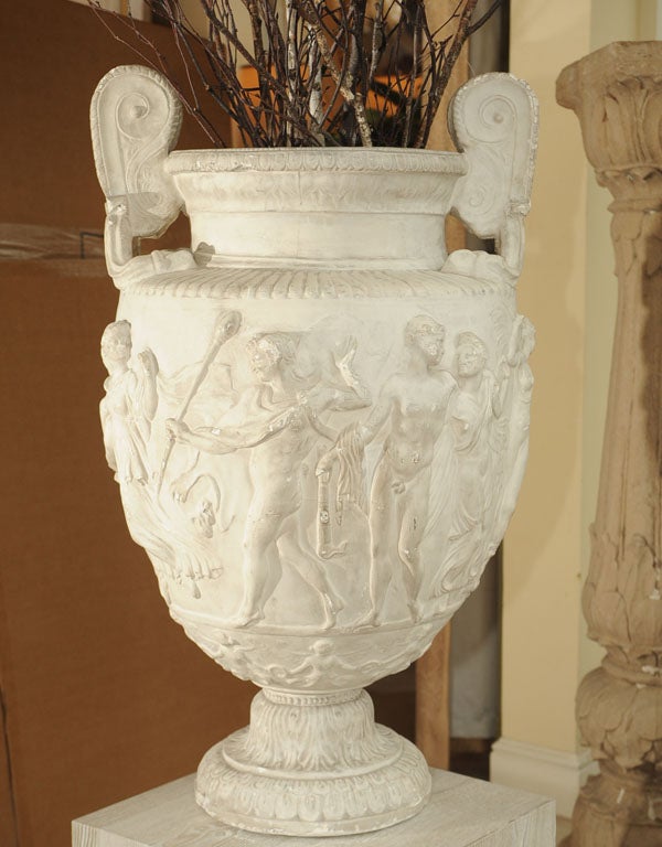 Late 19th Century Large Relief- Cast White Plaster Replica of an Ancient Greek Krater, the collar of the neck with an old red stenciled museum <br />
inventory number 989.  <br />
Circa 1880.