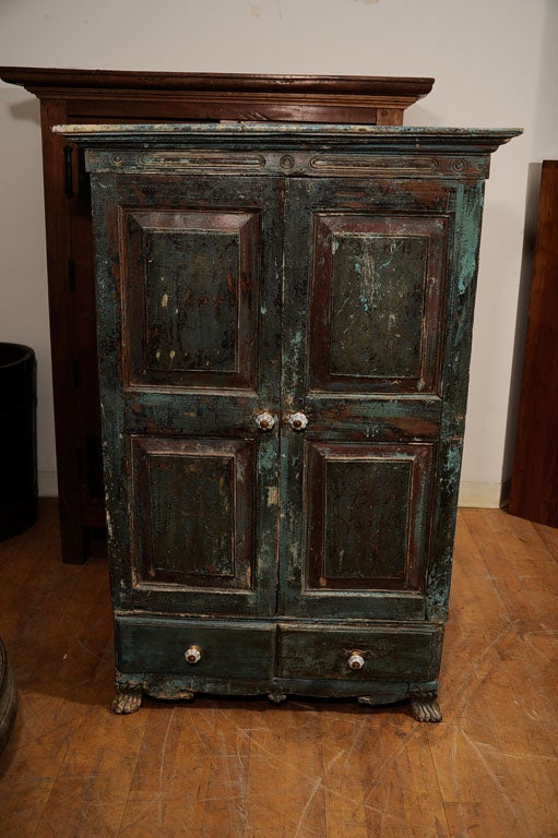 Green Painted Teak Armoire with two drawers