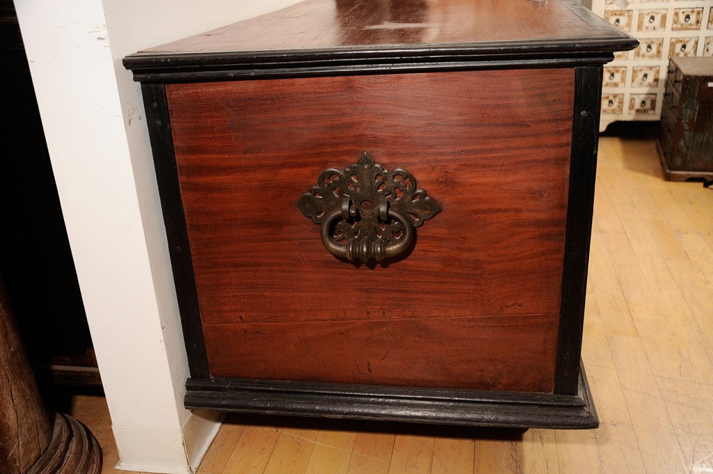 Sri Lankan trunk with hinged top, made of jackfruit tree wood and ebony details with original brass fittings and key, in excellent condition.