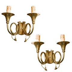 Vintage FRENCH PAIR OF BRASS AND BRONZE HUNTING HORN SCONCES