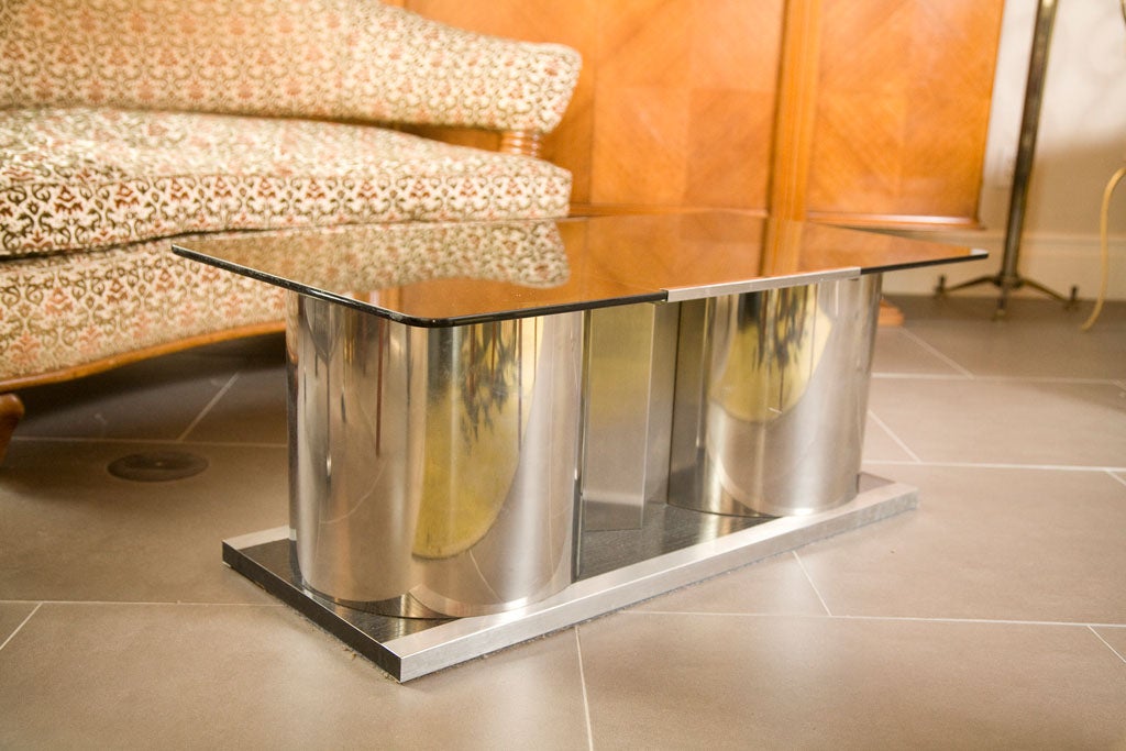 1970s Brushed Steel and Lacquered Wood French Coffee Table For Sale 3