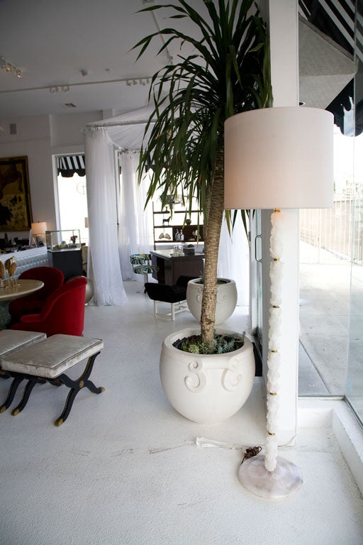Spectacular Carved Alabaster Floor Lamp with Custom Silk Shade