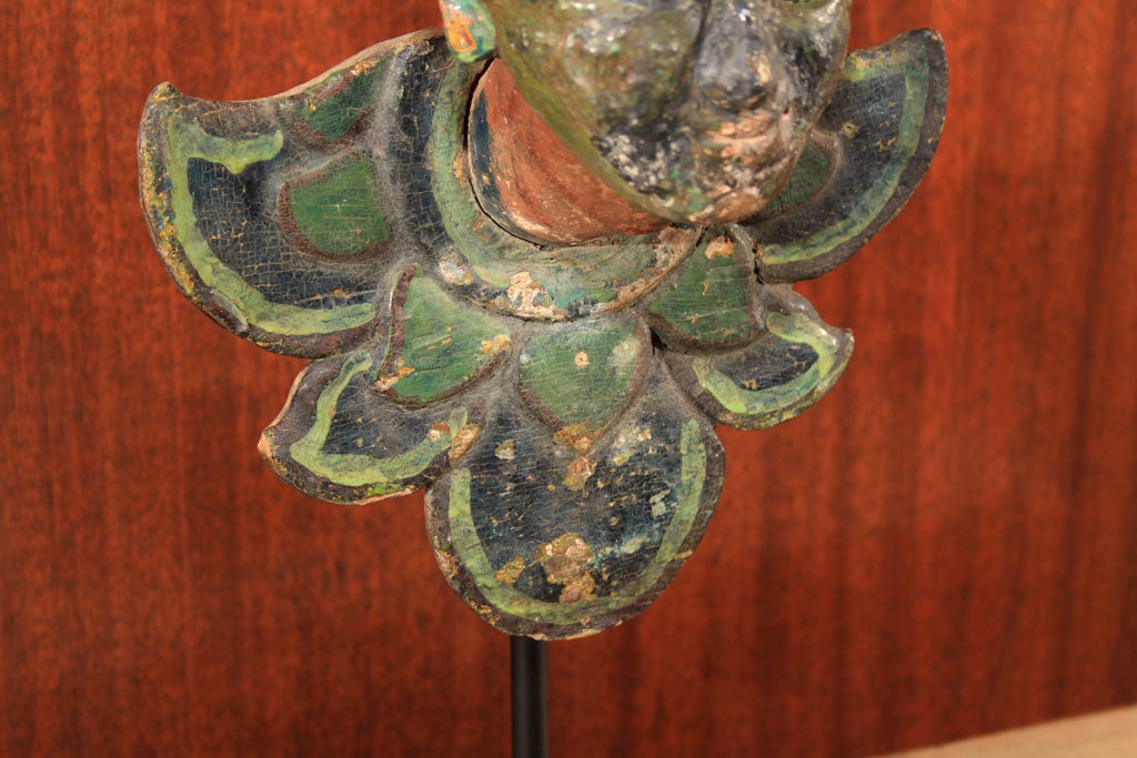 Carved Burmese Wood Nat Head with Antler Headdress