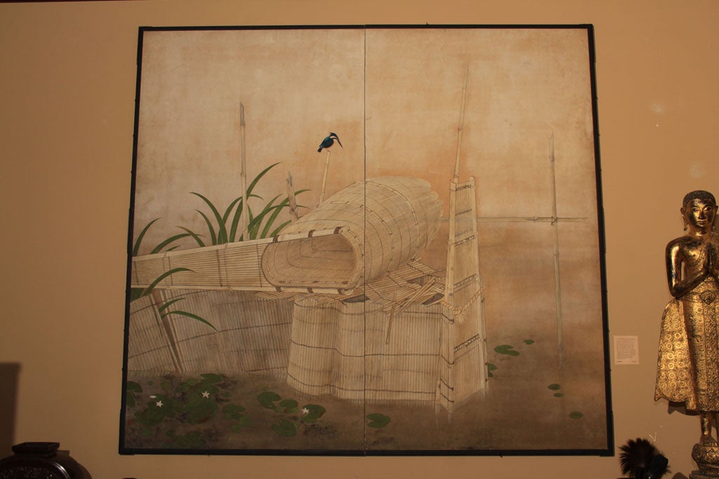 Japanese Screen with Kingfisher & Bamboo Fish Traps