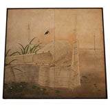 Antique Japanese Screen with Kingfisher & Bamboo Fish Traps