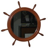 Vintage Circular Mahogany Mirror in the Shape of Ship's Steering Wheel