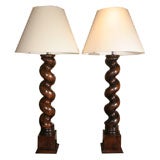 Pair of Large Oak Barley Twist Lamps