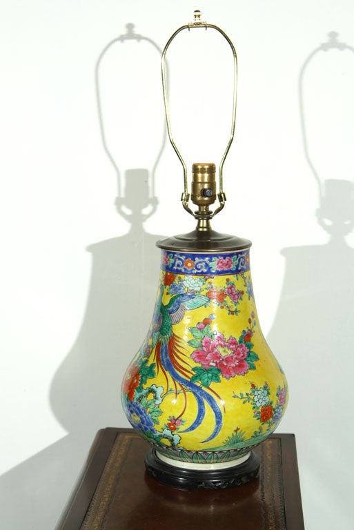 A Chinese famille jaune enamel porcelain vase mounted as a lamp.