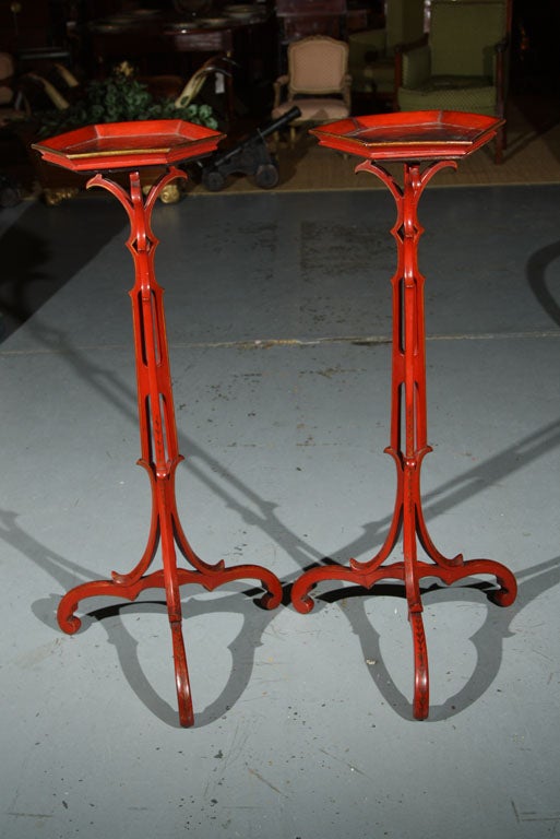 Pair of Red Japanned Candle Stands