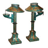 Pair of 19th C. Greenish and Gold Tole Lamps