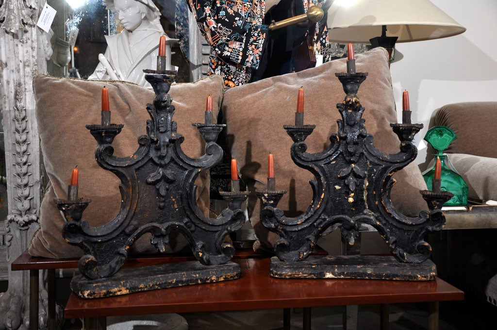 Spectacular Pair of 18th Century Carved Wooden Candlesticks.  Metal Bobeches and Beautiful Patina.