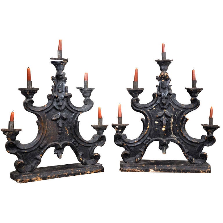 18th Century Pair of Italian Carved Wooden Candlesticks