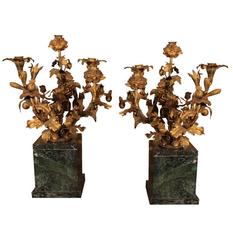 Pair of Ormolu Brass 5-light Candlesticks on Green Marble Base For Sale