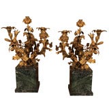 Pair of Ormolu Brass 5-light Candlesticks on Green Marble Base