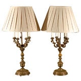 Pair Oxidized Bronze Candelabra as Lamps
