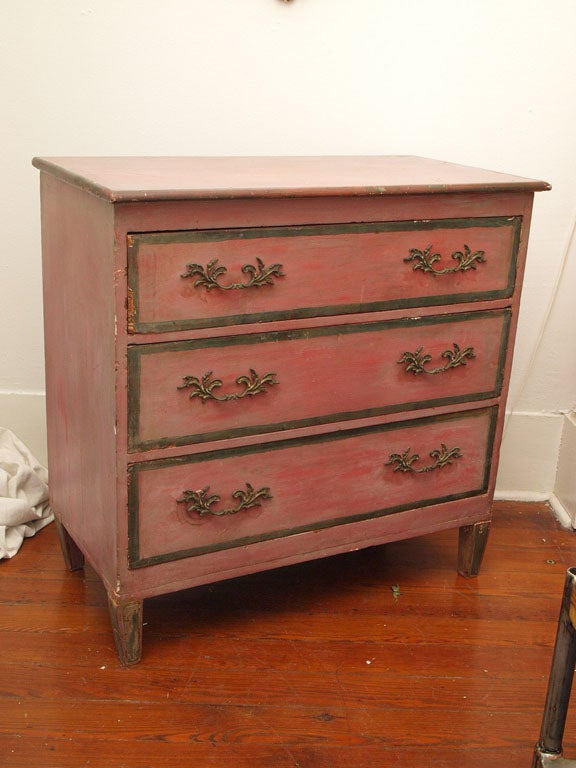 Mon Dieu!!! Have you ever seen anything more beautiful??? It was love at first sight for me. <br />
<br />
Antique french deep pink/faded red dresser with worn gold gilt details. Beautiful original hardware. Original paint (in fact, it must have