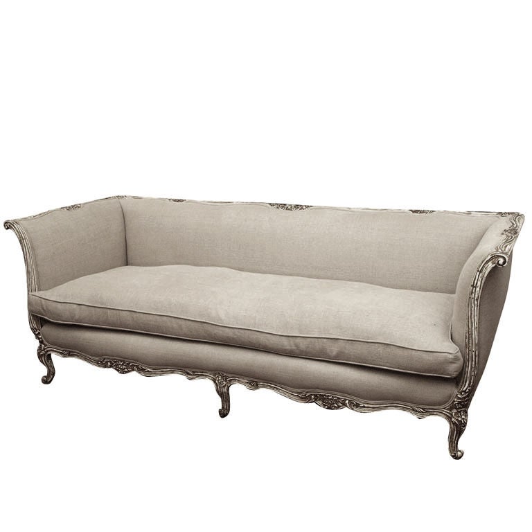 Antique French Sofa in Belgian Linen and Down Cushion
