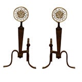 PAIR OF EARLY 20thC IRON ANDIRONS WITH BRASS MEDALLION