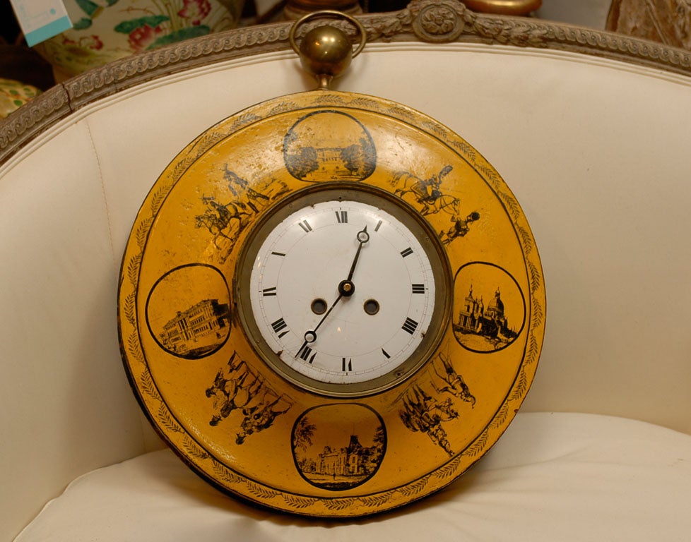 19thC FRENCH YELLOW TOLE CLOCK<br />
AN ATLANTA RESOURCE FOR FINE ANTIQUES<br />
WE HAVE A VERY LARGE INVENTORY ON OUR WEBSITE<br />
TO VISIT GO TO WWW.PARCMONCEAU.COM