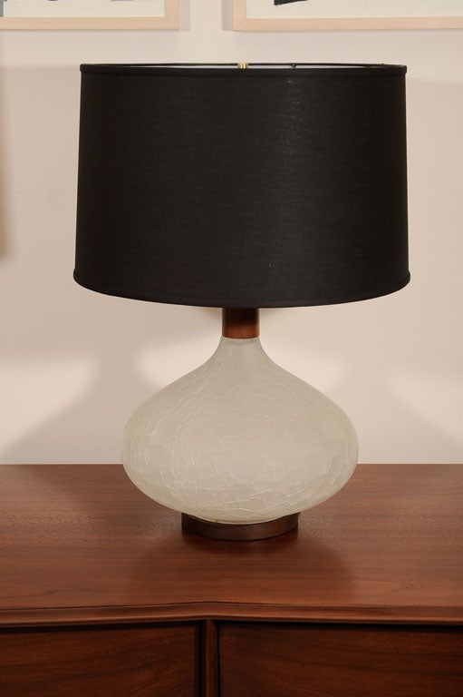 Pair of frosted crackled glass table lamps with walnut bases