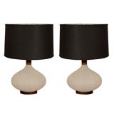 Pair of frosted crackled glass table lamps with walnut bases