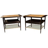 Pair of Paul McCobb side tables with brass, glass and leather Pair of Paul McCobb side tables with brass, glass and leather
