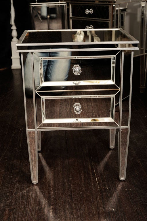 American Pair of Custom Mirrored Commodes with Silver Trim For Sale