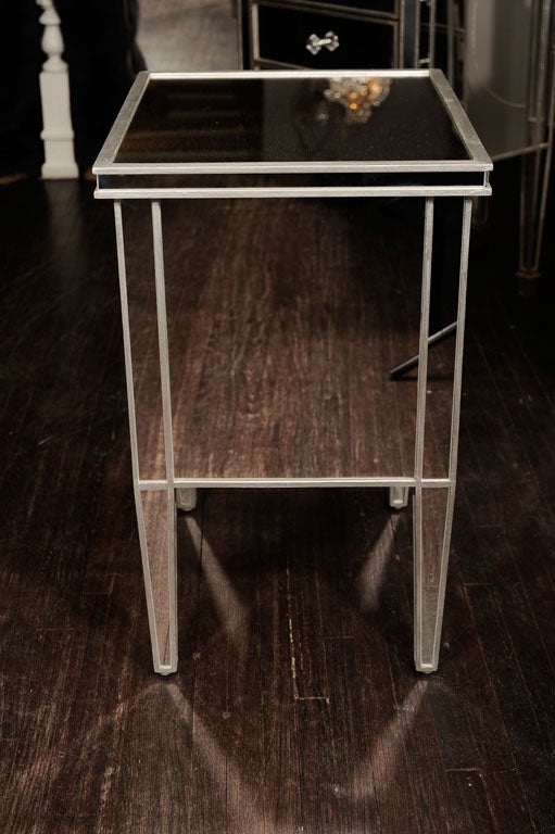 Contemporary Pair of Custom Mirrored Commodes with Silver Trim For Sale
