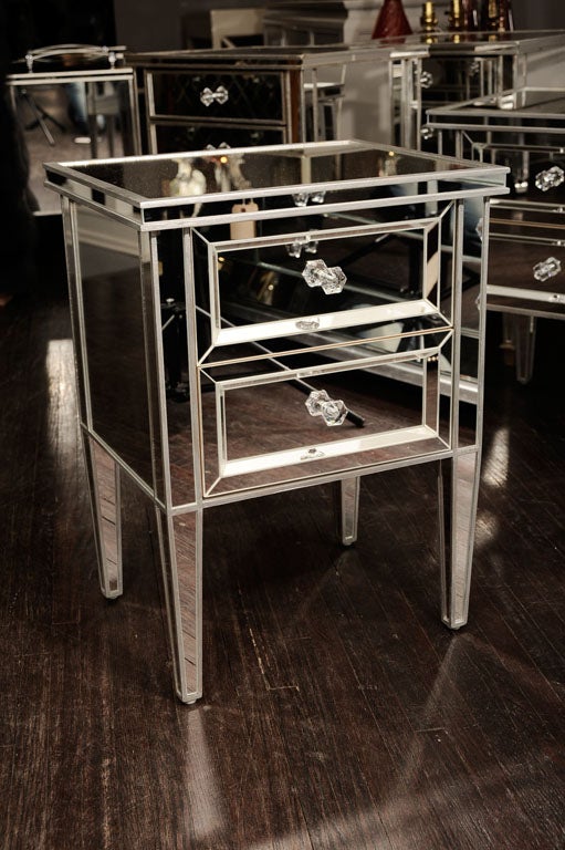 Pair of Custom Mirrored Commodes with Silver Trim For Sale 2