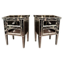 Pair of Custom Mirrored Commodes with Silver Trim