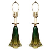 Pair of Green and Amber Murano Glass Lamps