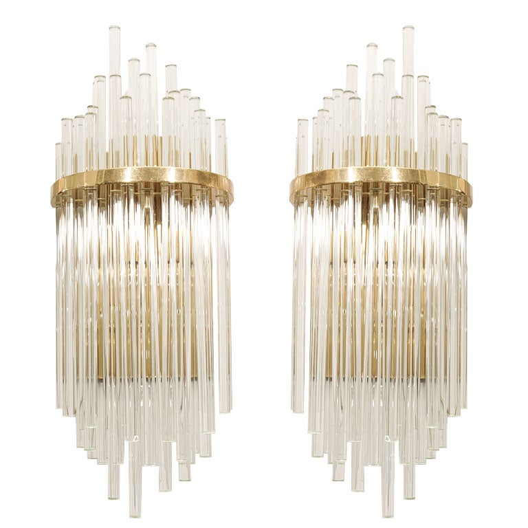 Pair of Custom Large Glass Rod Sconces with Brass Frame