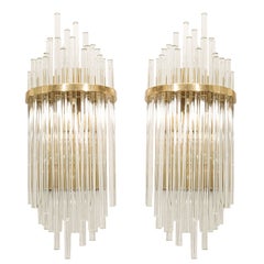 Pair of Custom Large Glass Rod Sconces with Brass Frame
