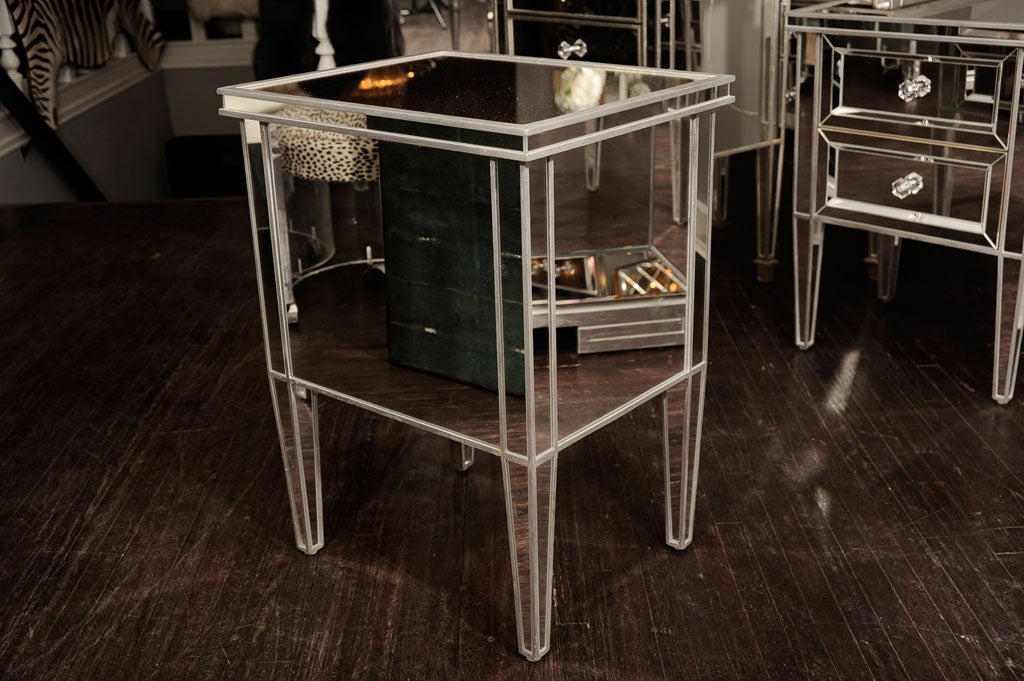 Pair of Custom Mirrored Commodes with Silver Trim For Sale at 1stDibs