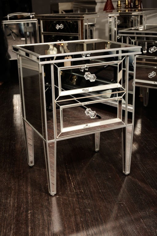 Pair of Custom Mirrored Commodes with Silver Trim For Sale at 1stDibs