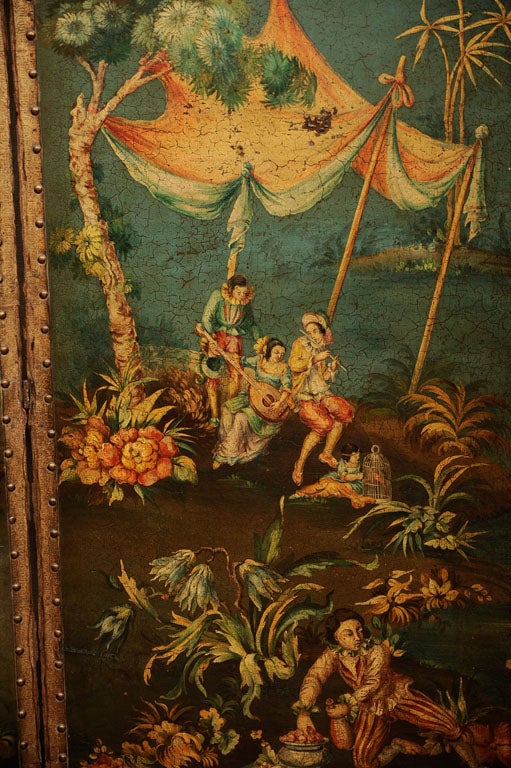 English Regency Four-Panel Painted Leather Screen, c. 1825 1