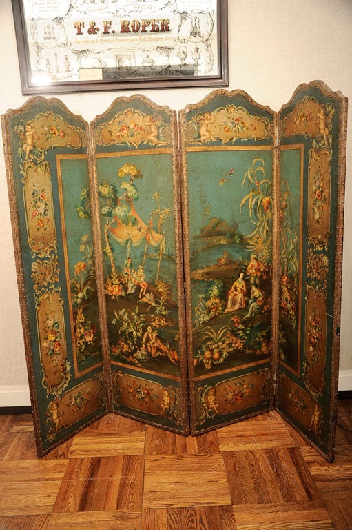 English Regency Four-Panel Painted Leather Screen, c. 1825 3