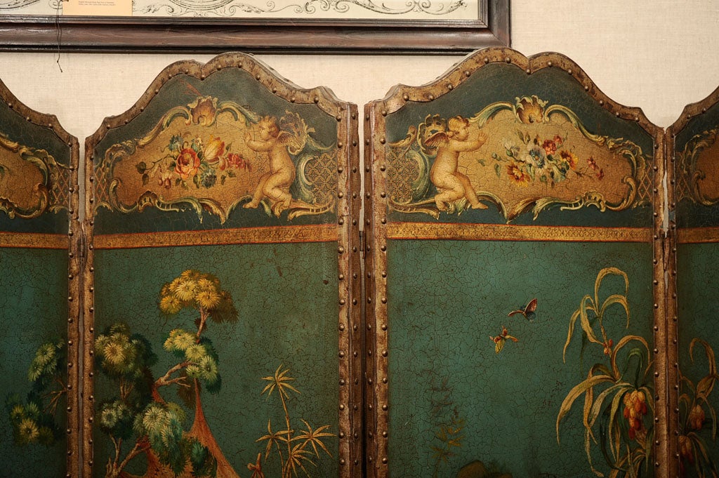 English Regency Four-Panel Painted Leather Screen, c. 1825 4
