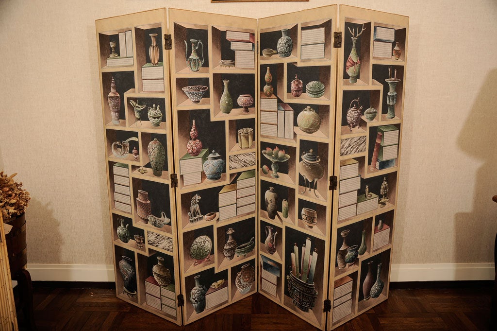 Asian Hand-Painted 4 Panel Wooden Screen, China, 20th Century