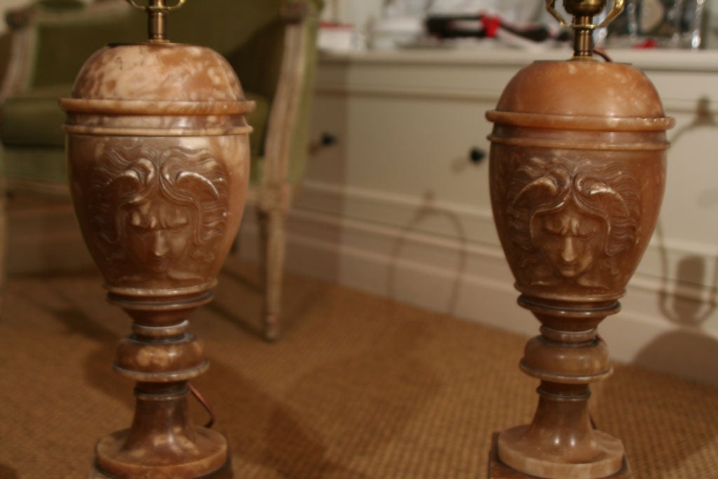 Exceptional Pair of Alabaster Urn Carved 'Medusa' Table Lamps In Good Condition In Palm Beach, FL