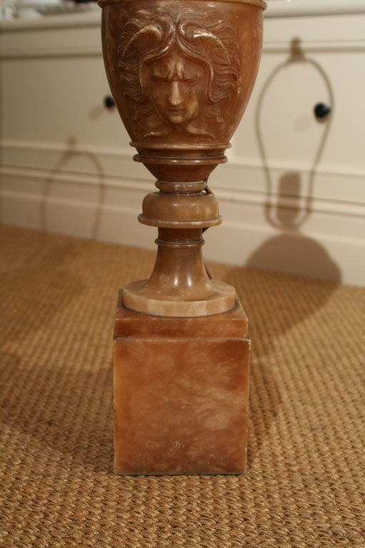 Mid-20th Century Exceptional Pair of Alabaster Urn Carved 'Medusa' Table Lamps