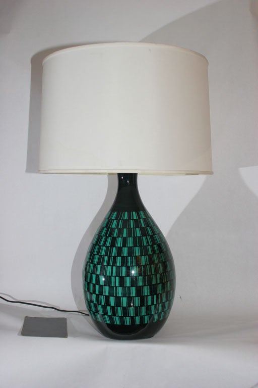 A pair of optical decorated table lamps, produced in Italy, circa 1950s, crafted of glazed ceramic, hand-painted with green and black checkered decoration.
Shades not included