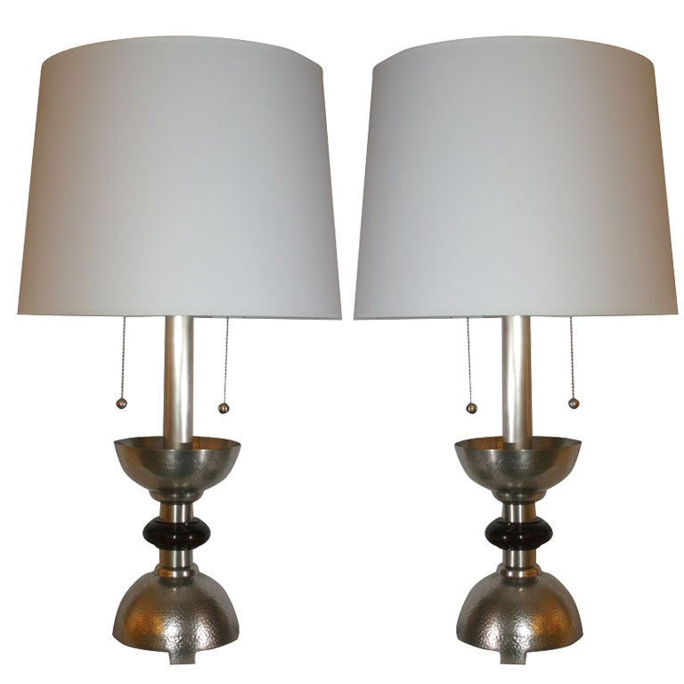 Table Lamps Pair Art Deco silver plated and wood For Sale