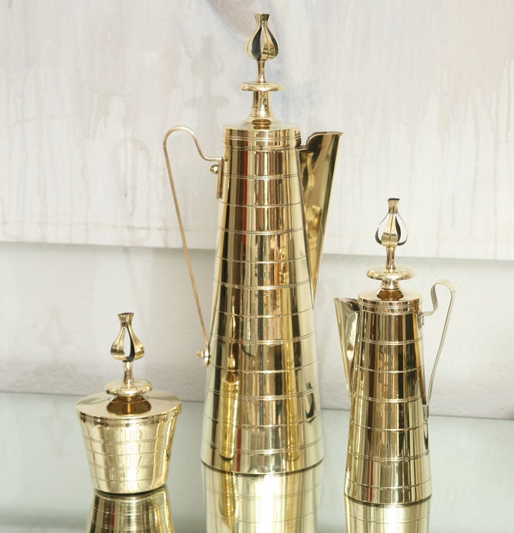 Stunning, iconic beverage set, designed by Tommi Parzinger for Dorlyn brass. All labels and markings on under-side.