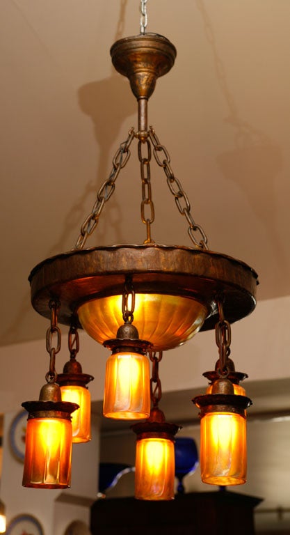 Arts and Crafts Period six-light chandelier with Steuben 