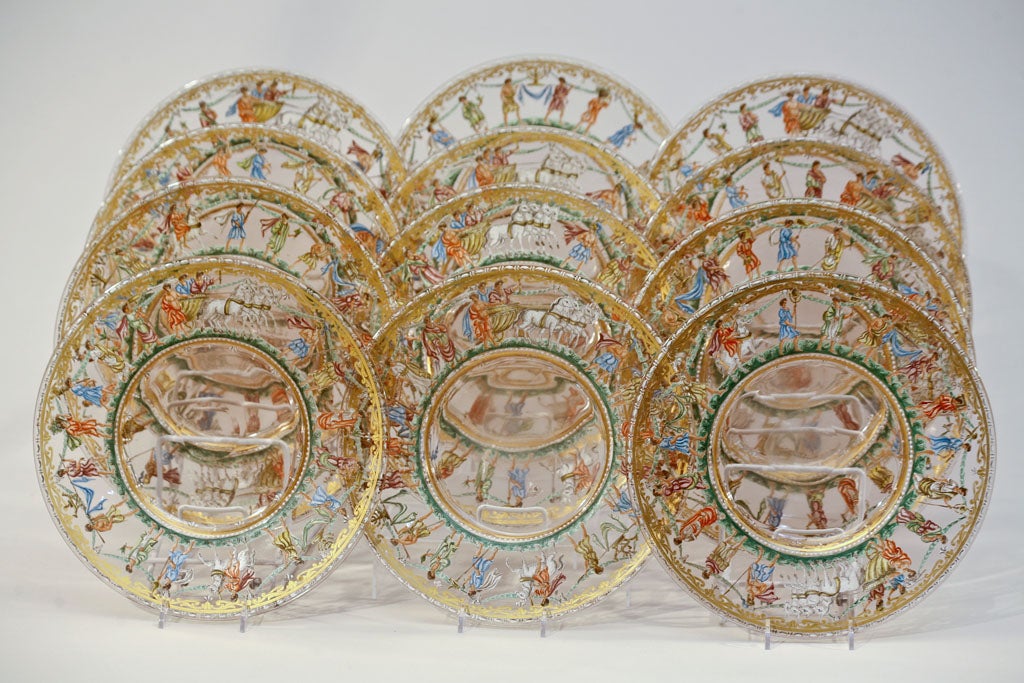 Set of 12 Salviati Hand Blown Chargers-Hand Painted In Excellent Condition In Great Barrington, MA