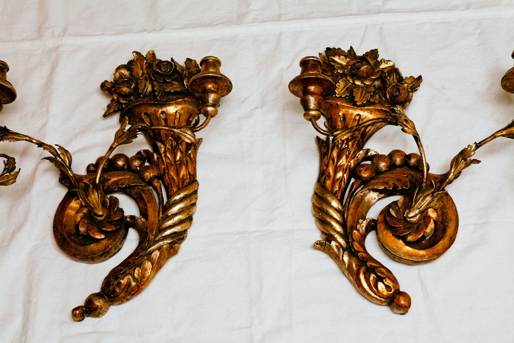A pair of beautifuly carved wood and gilded sconces<br />
with an exuberent cornocopia design.Each sconce holds a pair of candles.