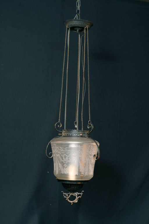 American Etched Glass Hall Lantern For Sale